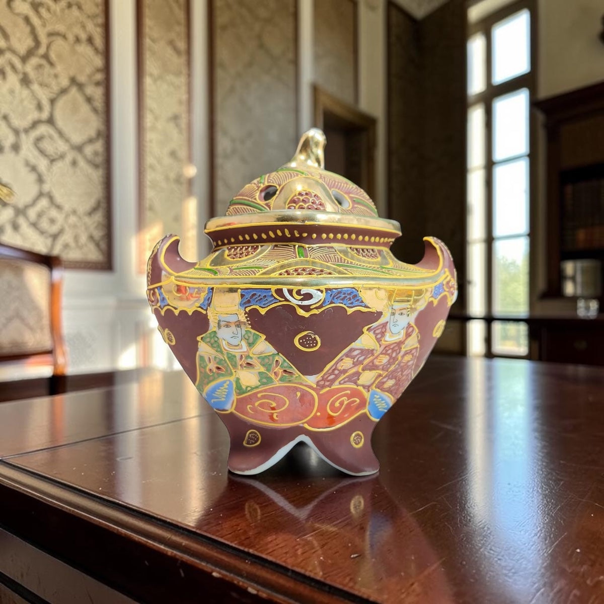 Stamped Chinoiserie Lidded Jar – Gold Detailing & Miniature Artwork