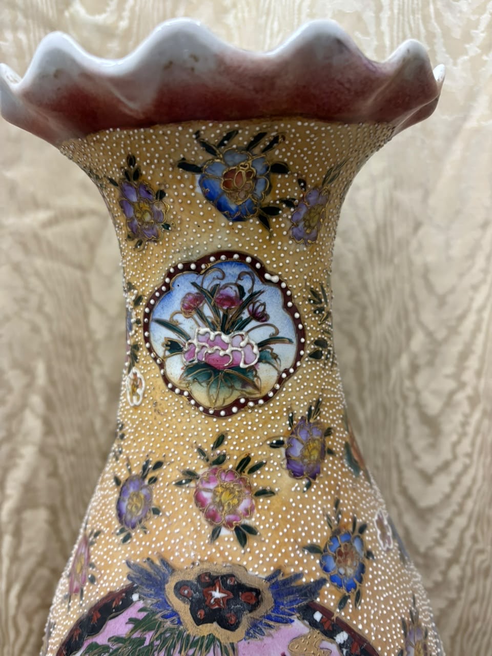 Large Chinoiserie Porcelain Vase with Raised Floral & Bird Motifs
