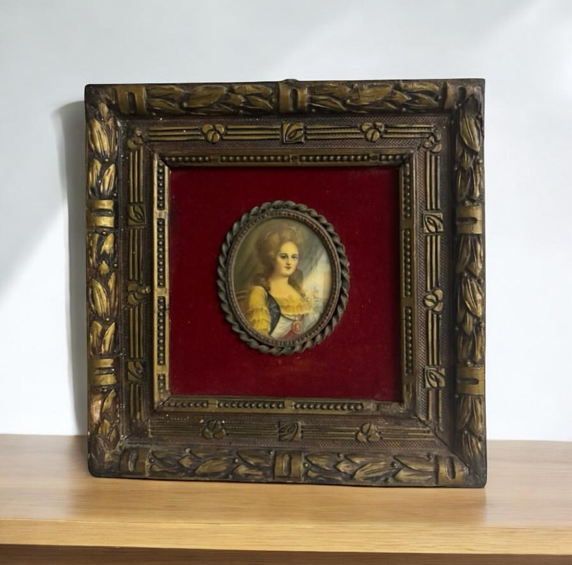 French Miniature Framed Tableau – Girl Motif – Silver-Inlaid Frame