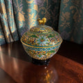 Raised Cloisonné Lidded Jar with Lion Finial – Wooden Base