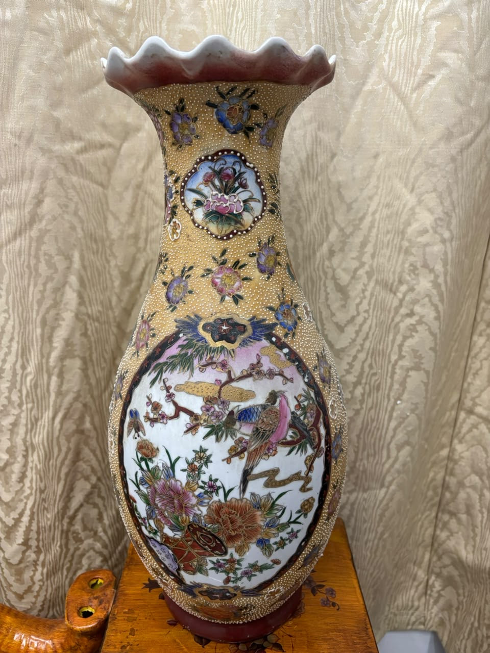 Large Chinoiserie Porcelain Vase with Raised Floral & Bird Motifs