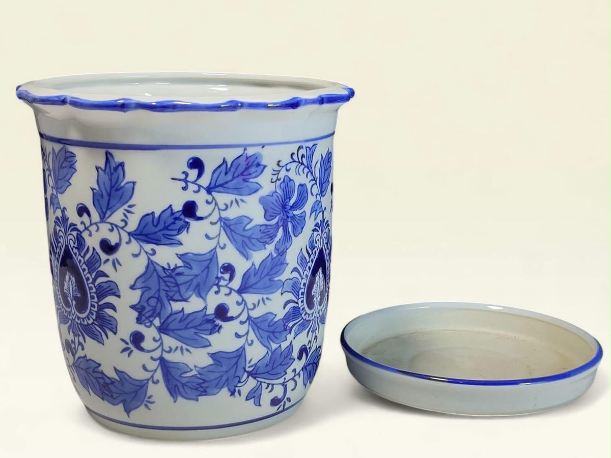 Stamped Bleu Blanc Chinoiserie Porcelain Cachepot with Matching Saucer