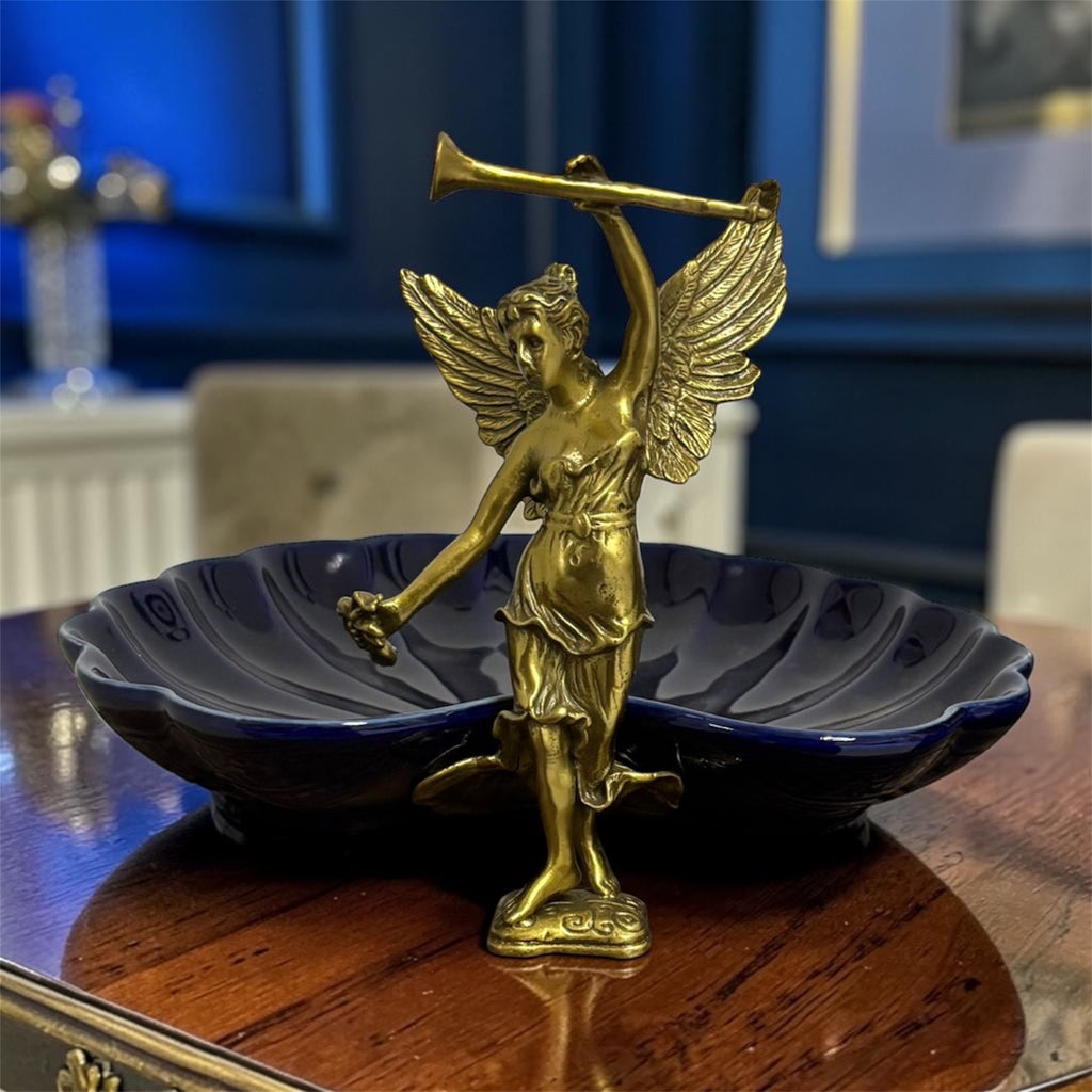 Stamped Porcelain Centerpiece with Solid Bronze Figurine – Cobalt Color