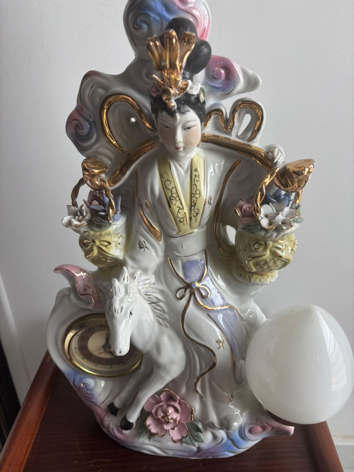 Large Chinoiserie Lady, Horse & Floral Lamp with Clock