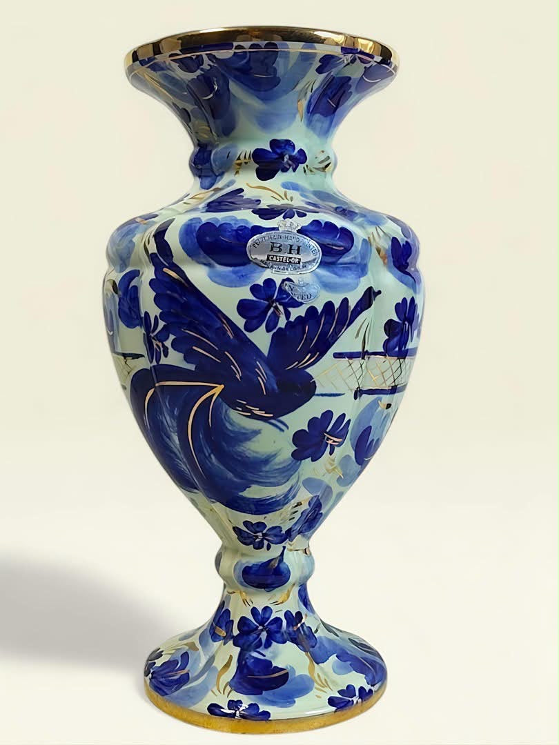 Antique Belgian Hand-Painted Bleu Blanc Porcelain Vase with Gold Accents