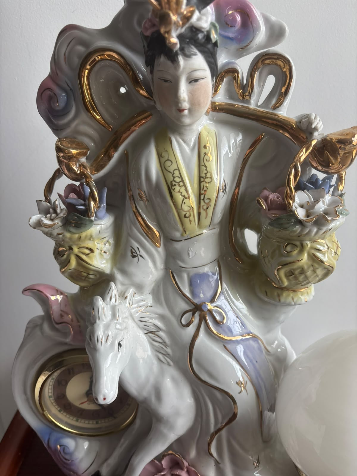 Large Chinoiserie Lady, Horse & Floral Lamp with Clock