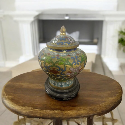 Antique Cloisonné Potiche – Ornate Enamel on Wooden Stand