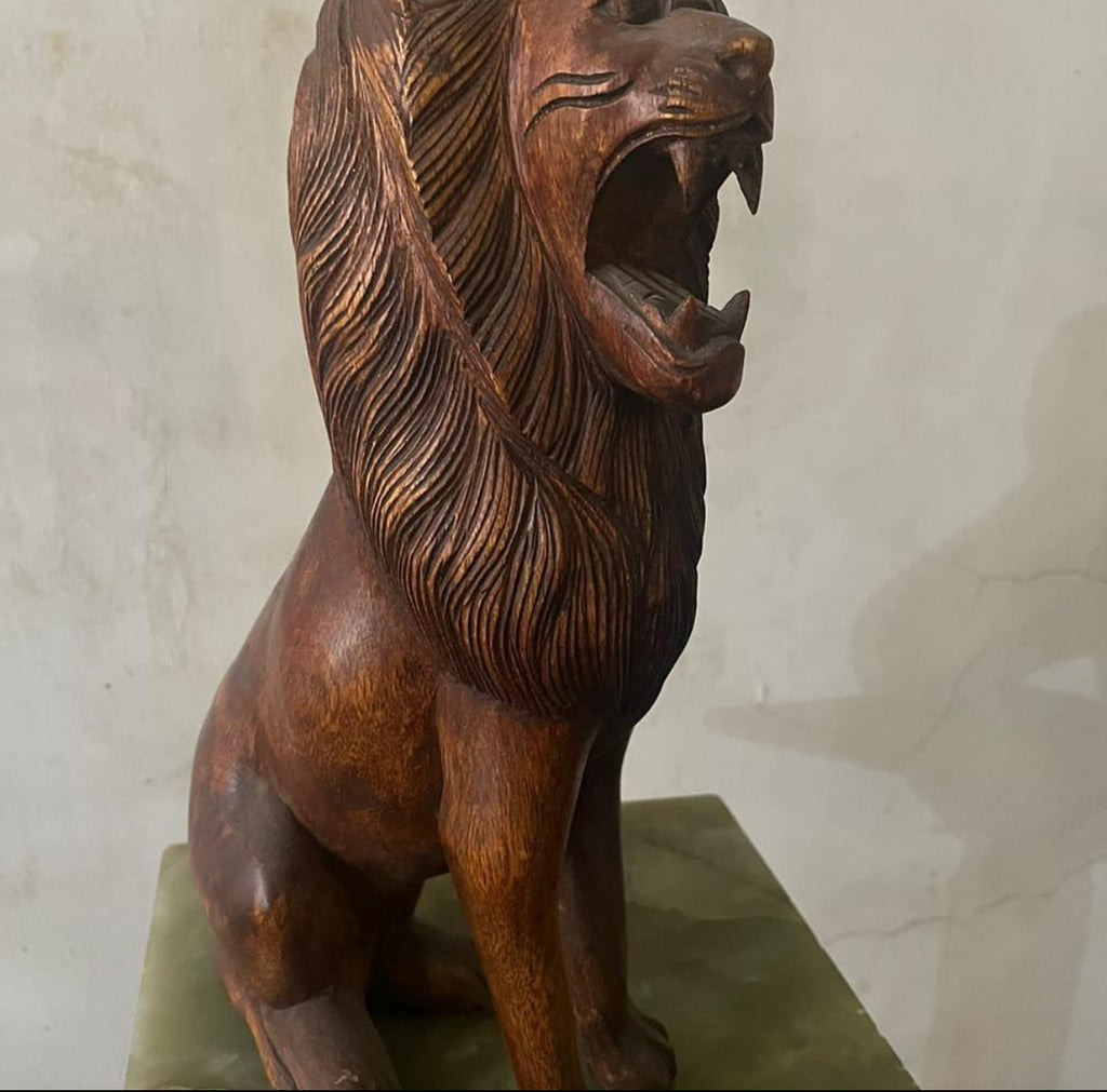 Indonesian Wooden Sitting Lion Sculpture