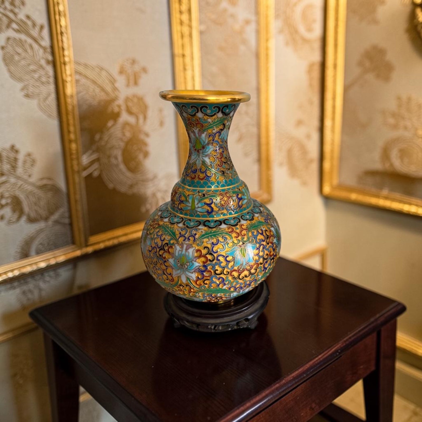 Cloisonné Vase with Wooden Base