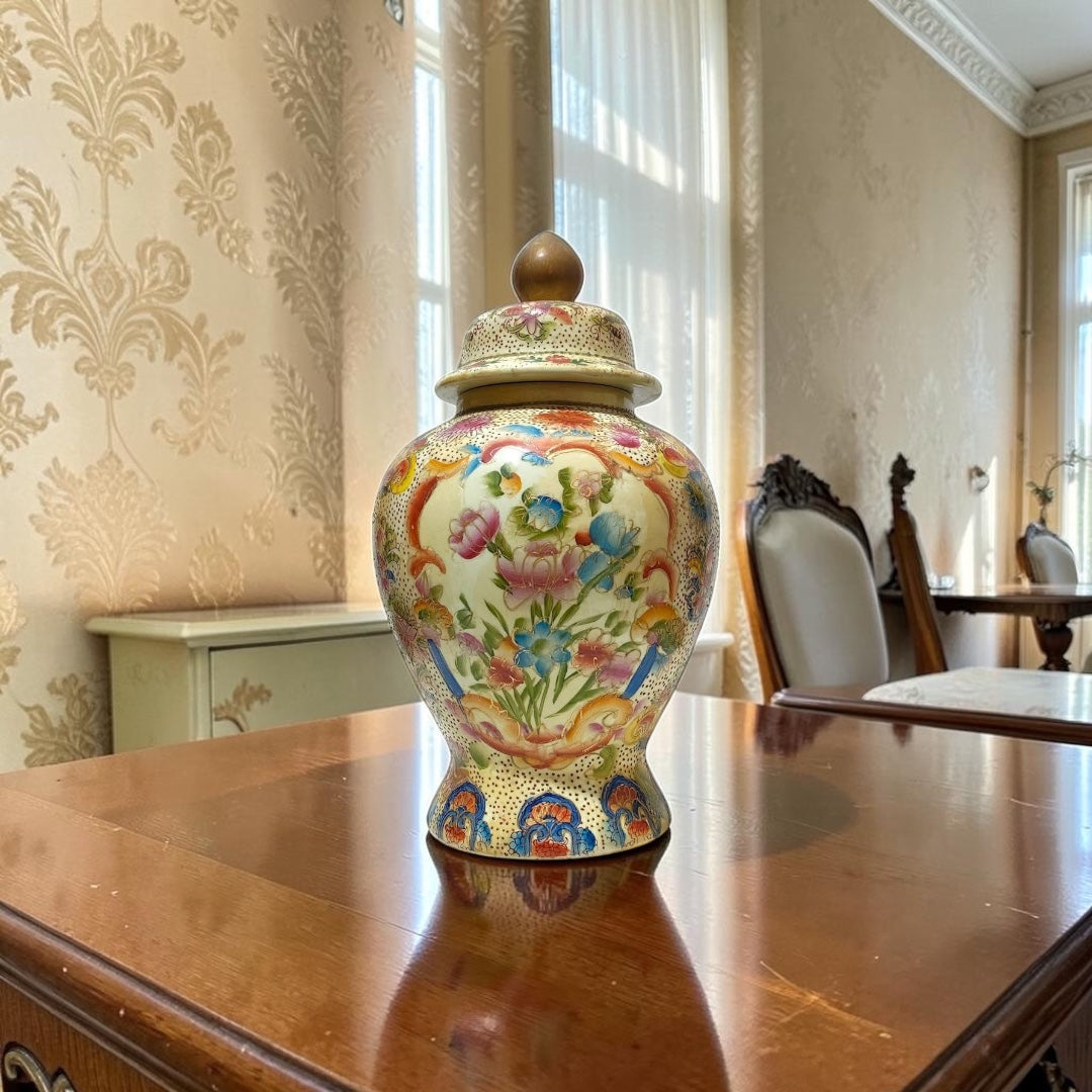 Large Chinoiserie Potiche with Hand-Painted Floral Miniatures & Gold Accents