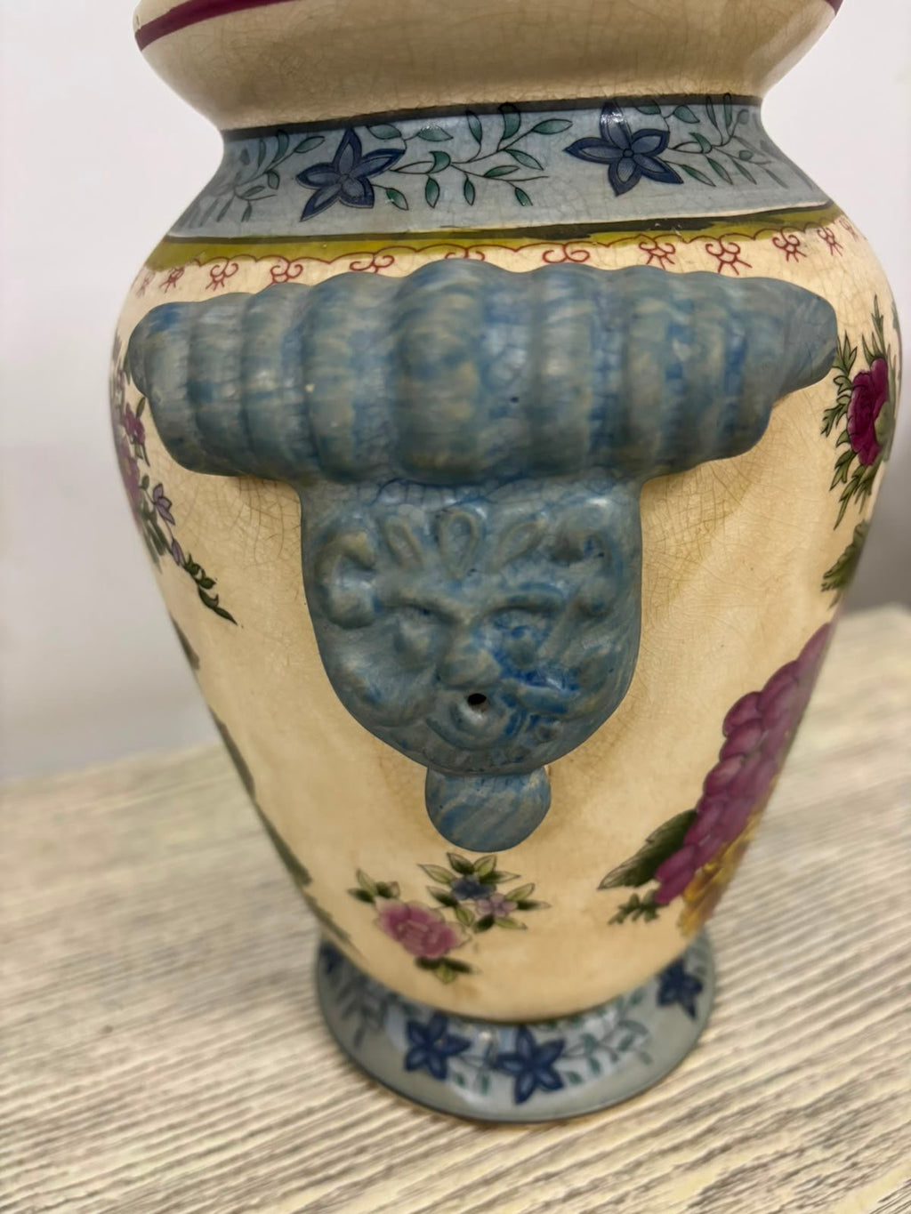 Antique Hand-Painted Chinoiserie Floral Potiche with Crackle Glaze