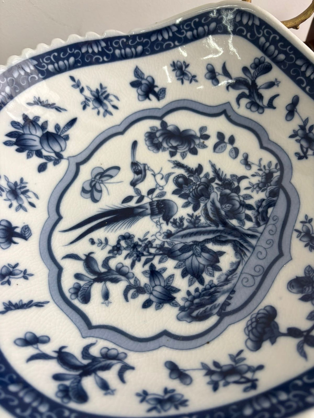 Stamped Bleu Blanc Chinoiserie Centerpiece with Bronze & Porcelain Birds