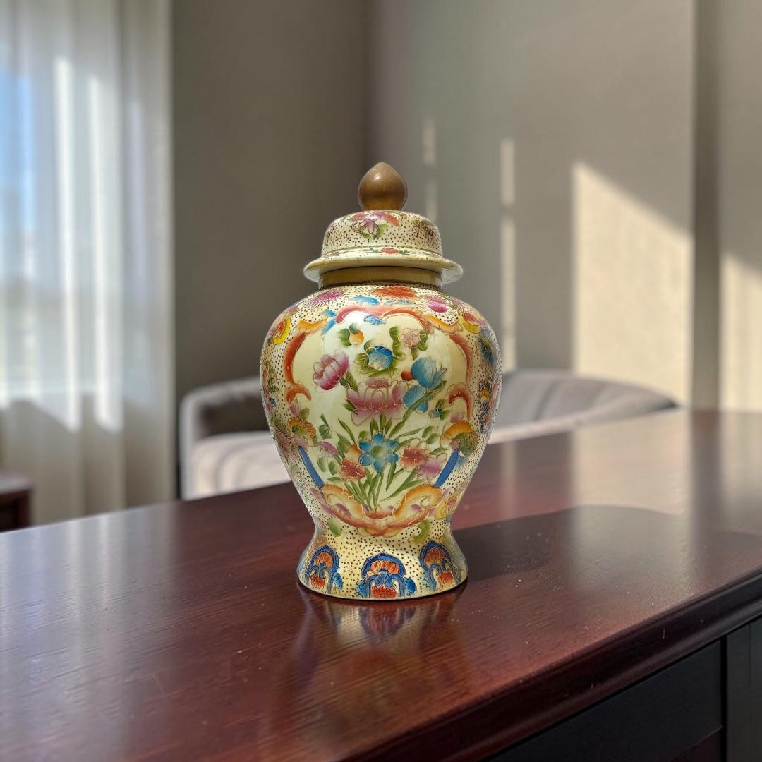 Large Chinoiserie Potiche with Hand-Painted Floral Miniatures & Gold Accents