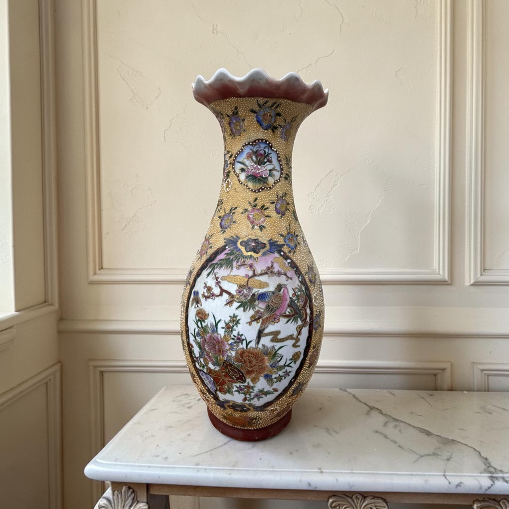 Large Chinoiserie Porcelain Vase with Raised Floral & Bird Motifs