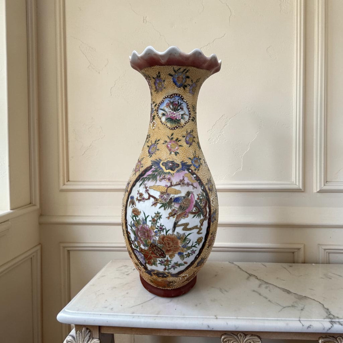 Large Chinoiserie Porcelain Vase with Raised Floral & Bird Motifs