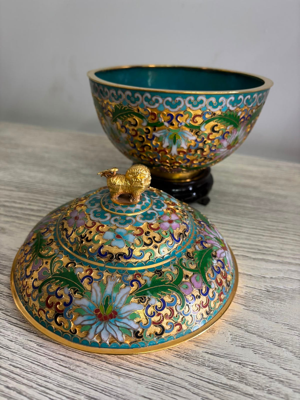 Raised Cloisonné Lidded Jar with Lion Finial – Wooden Base