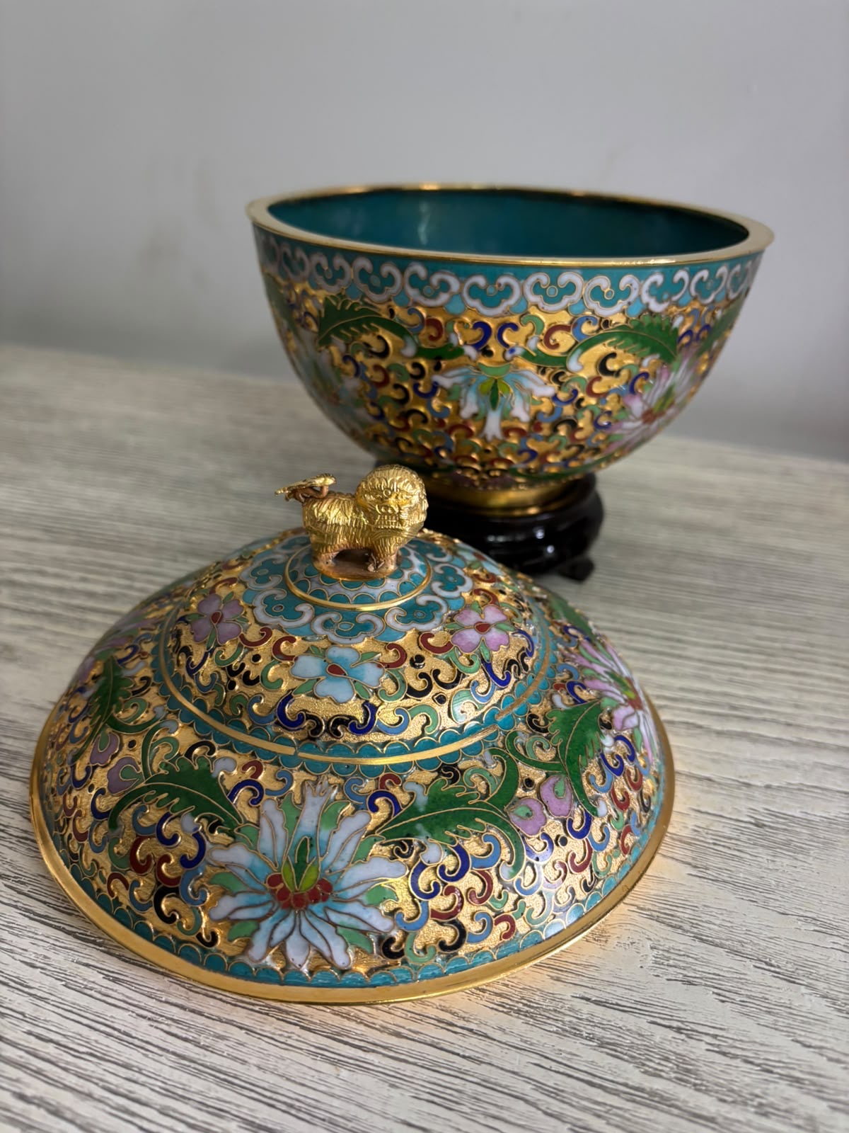 Raised Cloisonné Lidded Jar with Lion Finial – Wooden Base