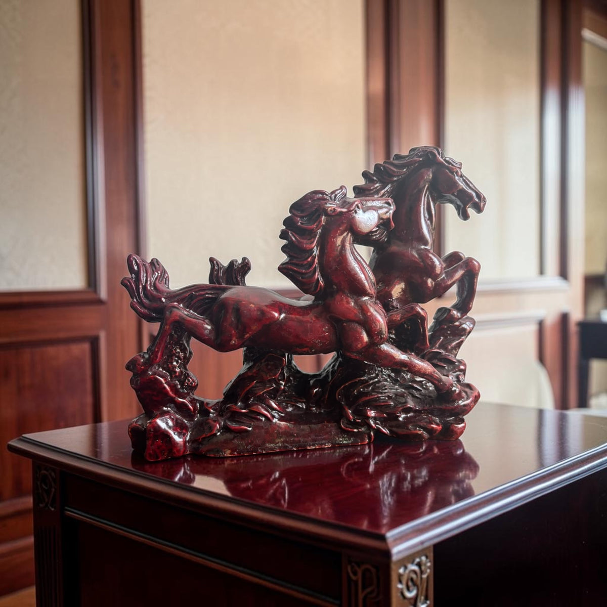 Chinoiserie Hand-Carved Horse Pair Statue – Large Size