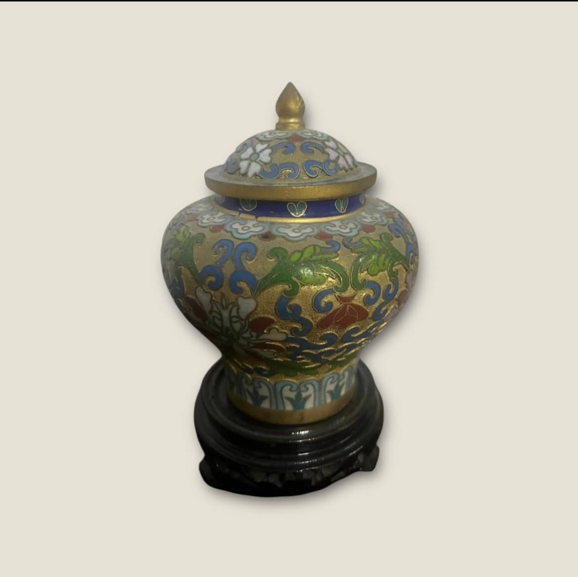 Antique Cloisonné Potiche – Ornate Enamel on Wooden Stand