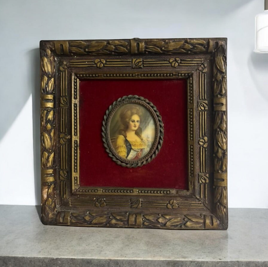 French Miniature Framed Tableau – Girl Motif – Silver-Inlaid Frame