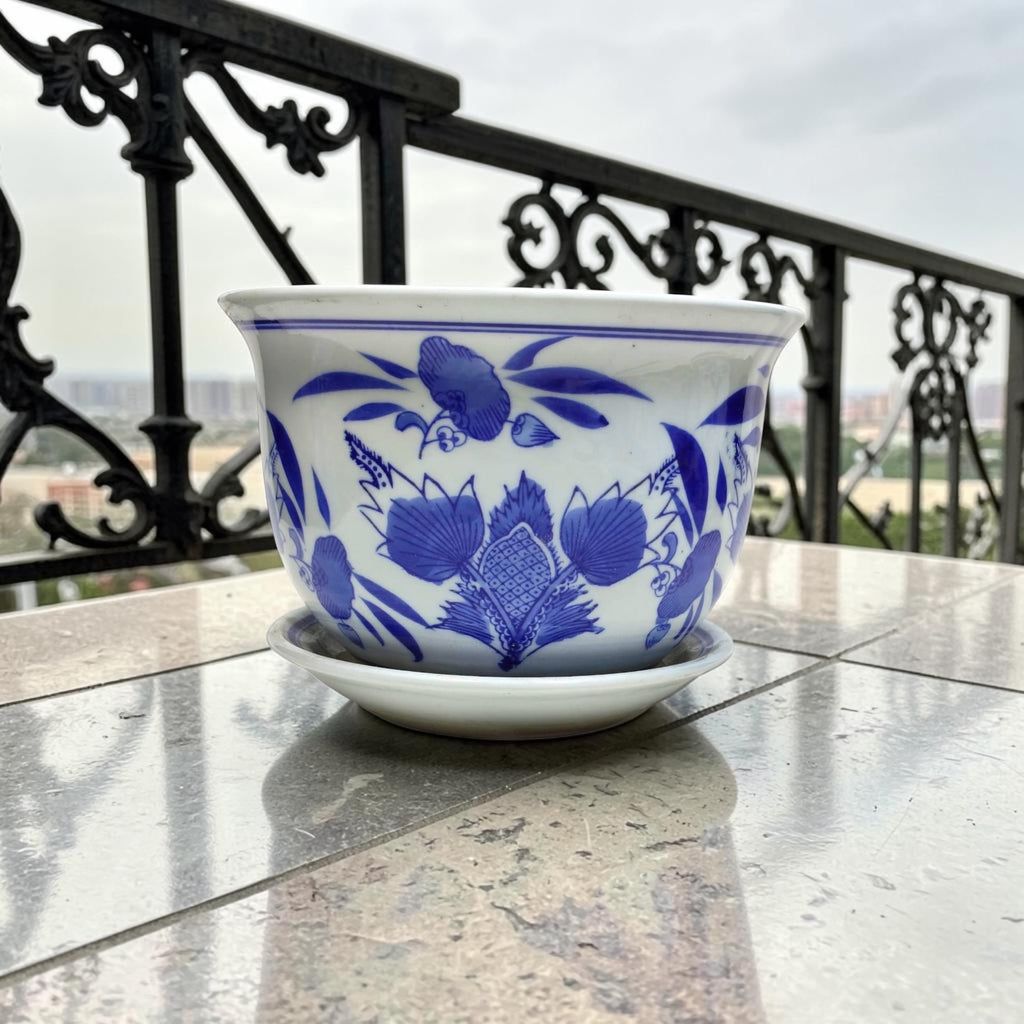Bleu Blanc Porcelain Cachepots with Matching Saucers
