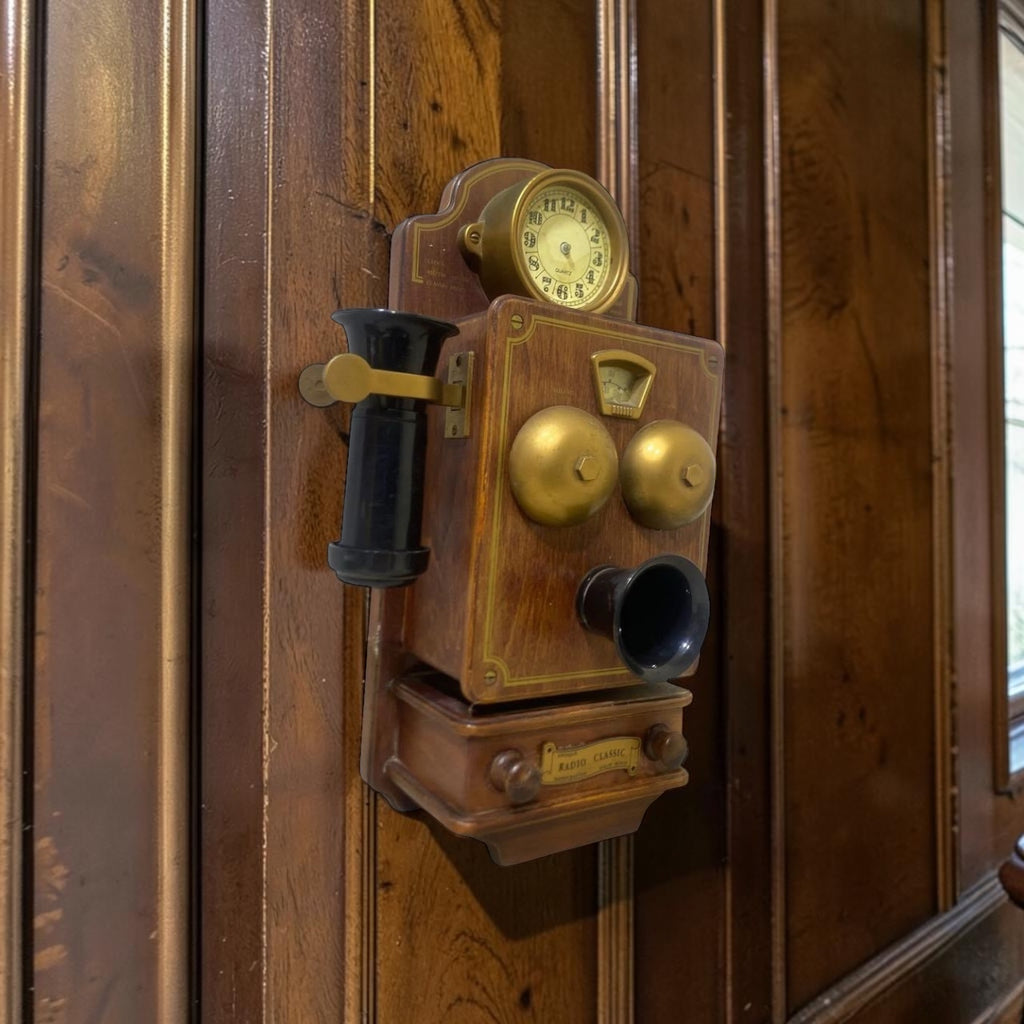 Vintage European Handcrafted Oak Radio & Clock with Bronze Inlay