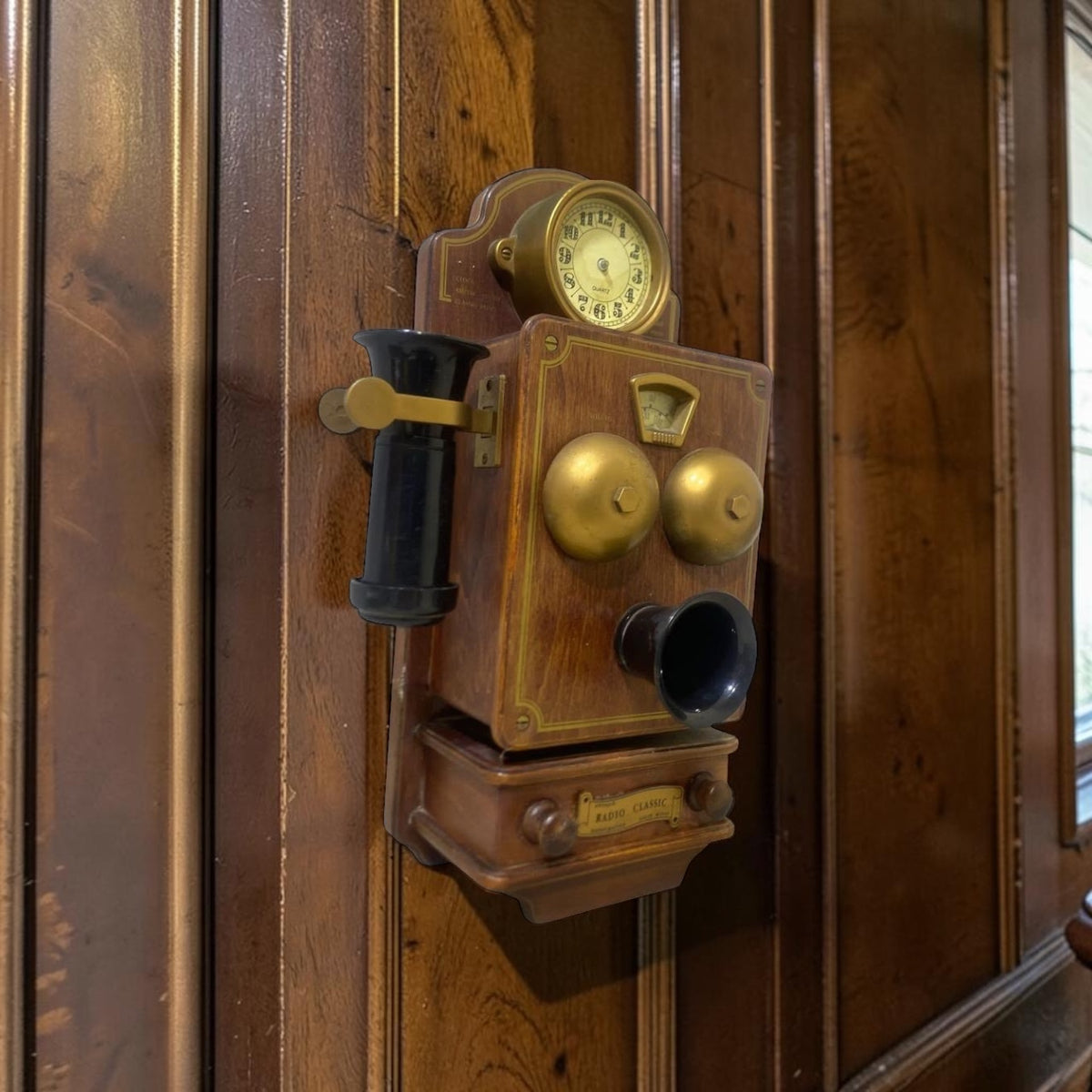 Vintage European Handcrafted Oak Radio & Clock with Bronze Inlay
