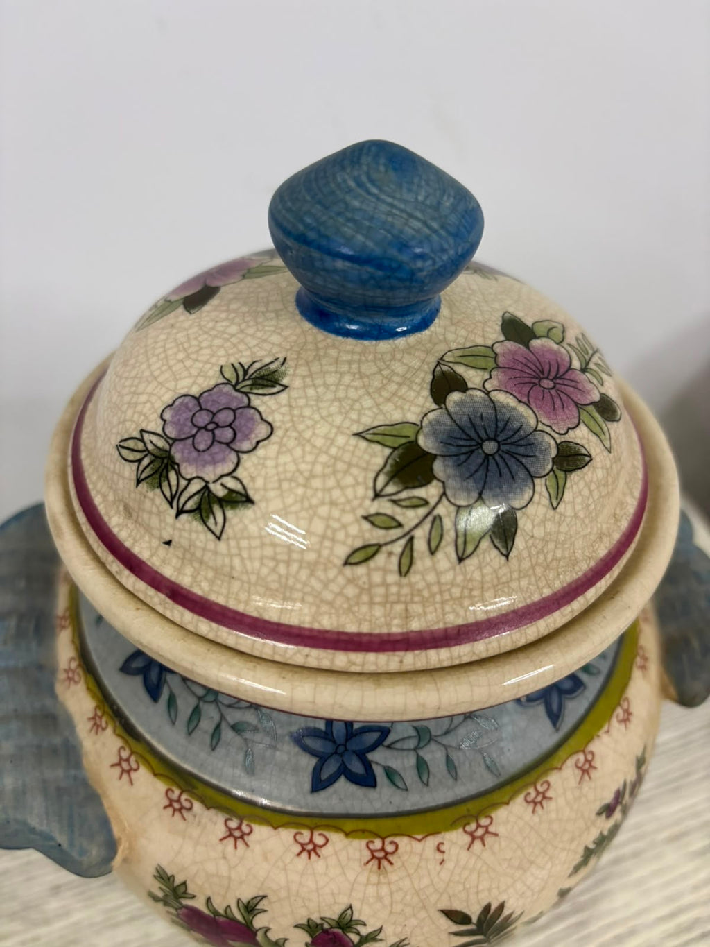 Antique Hand-Painted Chinoiserie Floral Potiche with Crackle Glaze