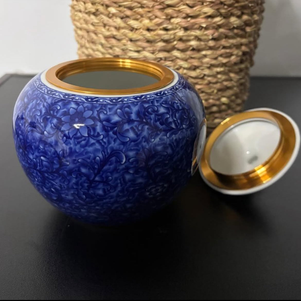 Bleu Blanc Potiche with Brass Twist-Lock Lid