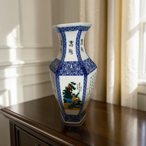 Antique Bleu Blanc Chinoiserie Porcelain Vase with Figurative Artwork