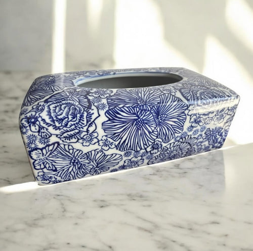 Bleu Blanc Hand-Painted Tissue Box