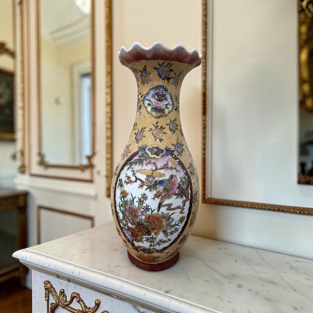 Large Chinoiserie Porcelain Vase with Raised Floral & Bird Motifs