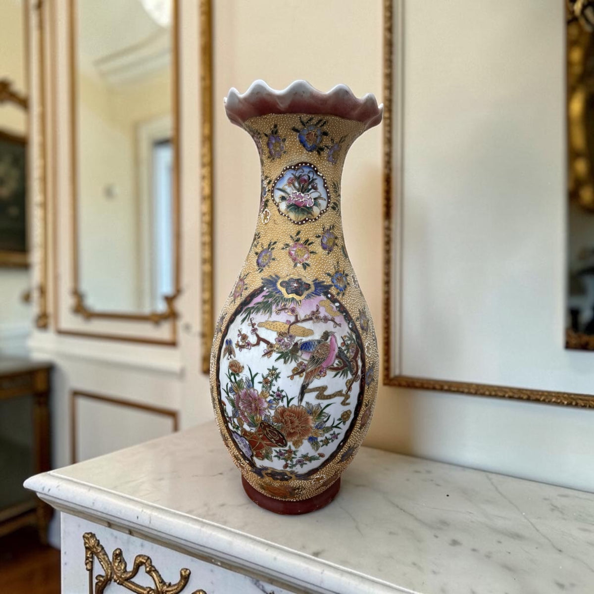 Large Chinoiserie Porcelain Vase with Raised Floral & Bird Motifs