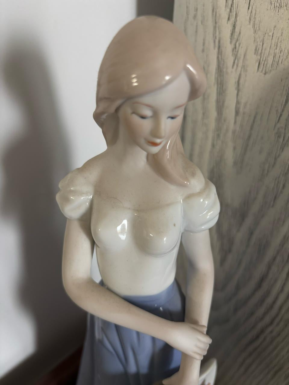 European Porcelain Figurine – Lady with Bonnet – Blue & White Dress