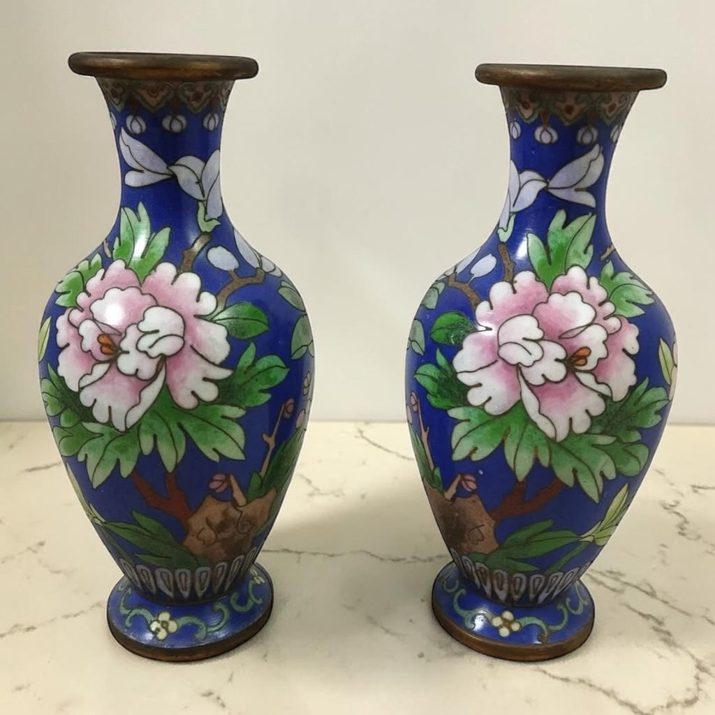 Vintage Cloisonné Vase Pair – Smooth Finish – China