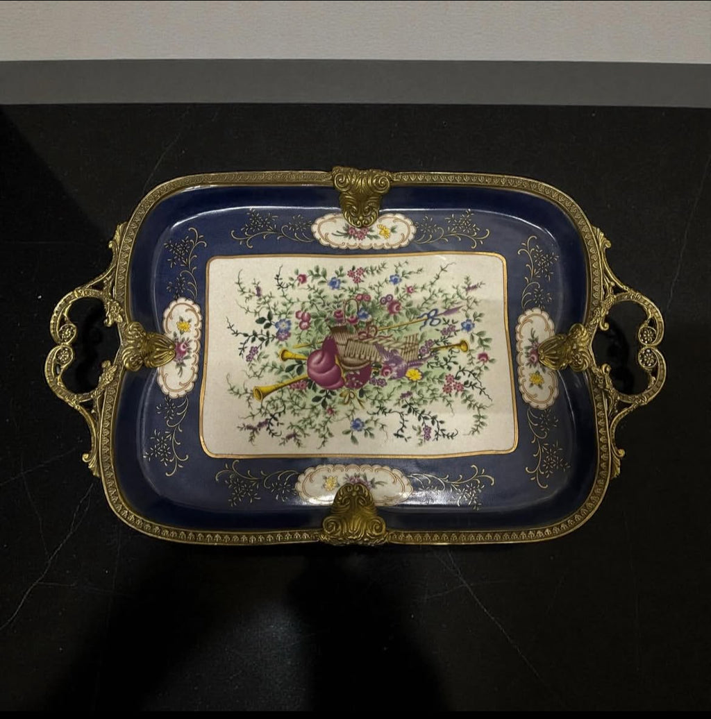 Sevres Chateau Serving Tray with Musical Instruments & Bird Motif