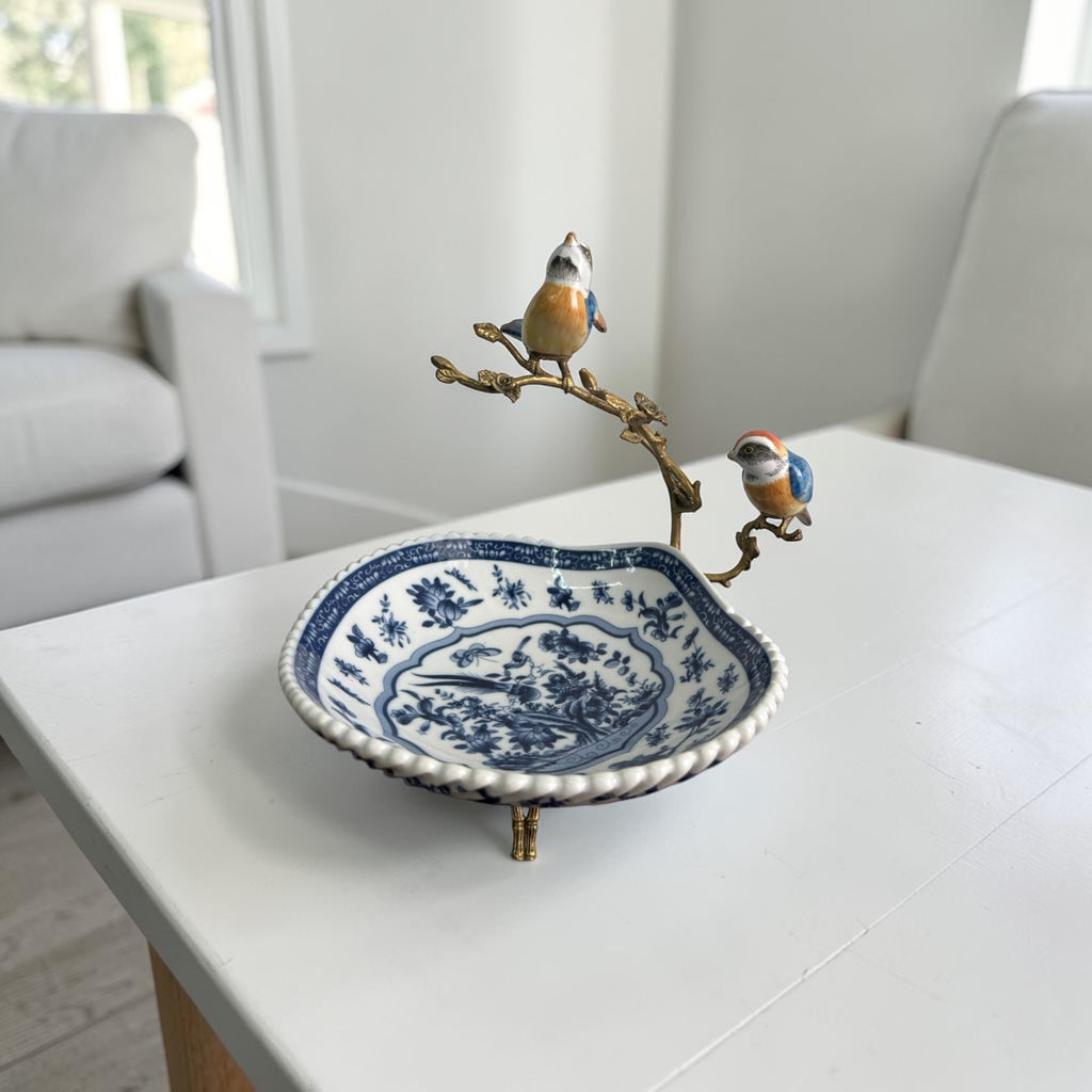 Stamped Bleu Blanc Chinoiserie Centerpiece with Bronze & Porcelain Birds