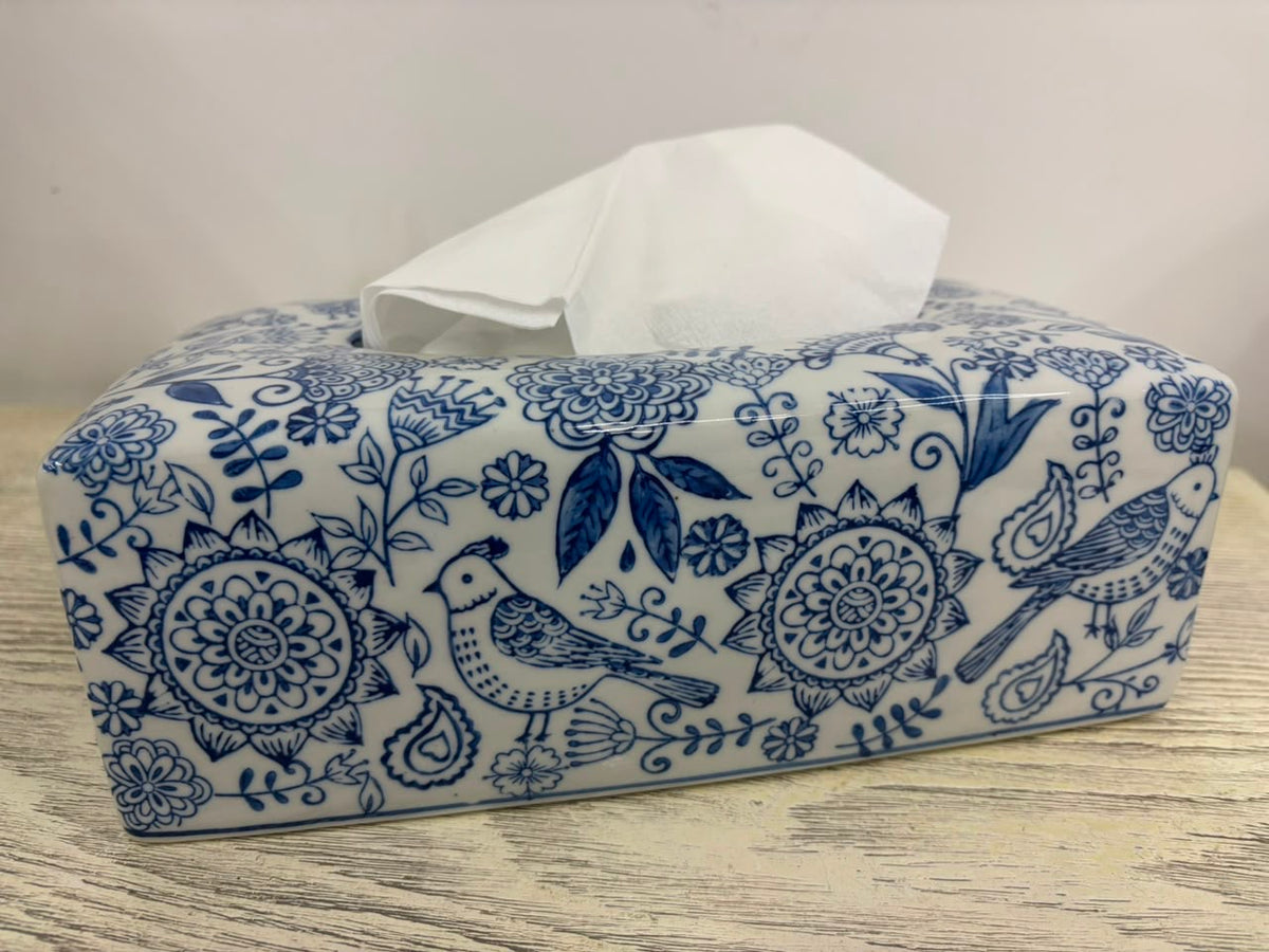 Bleu Blanc Hand-Painted Tissue Box