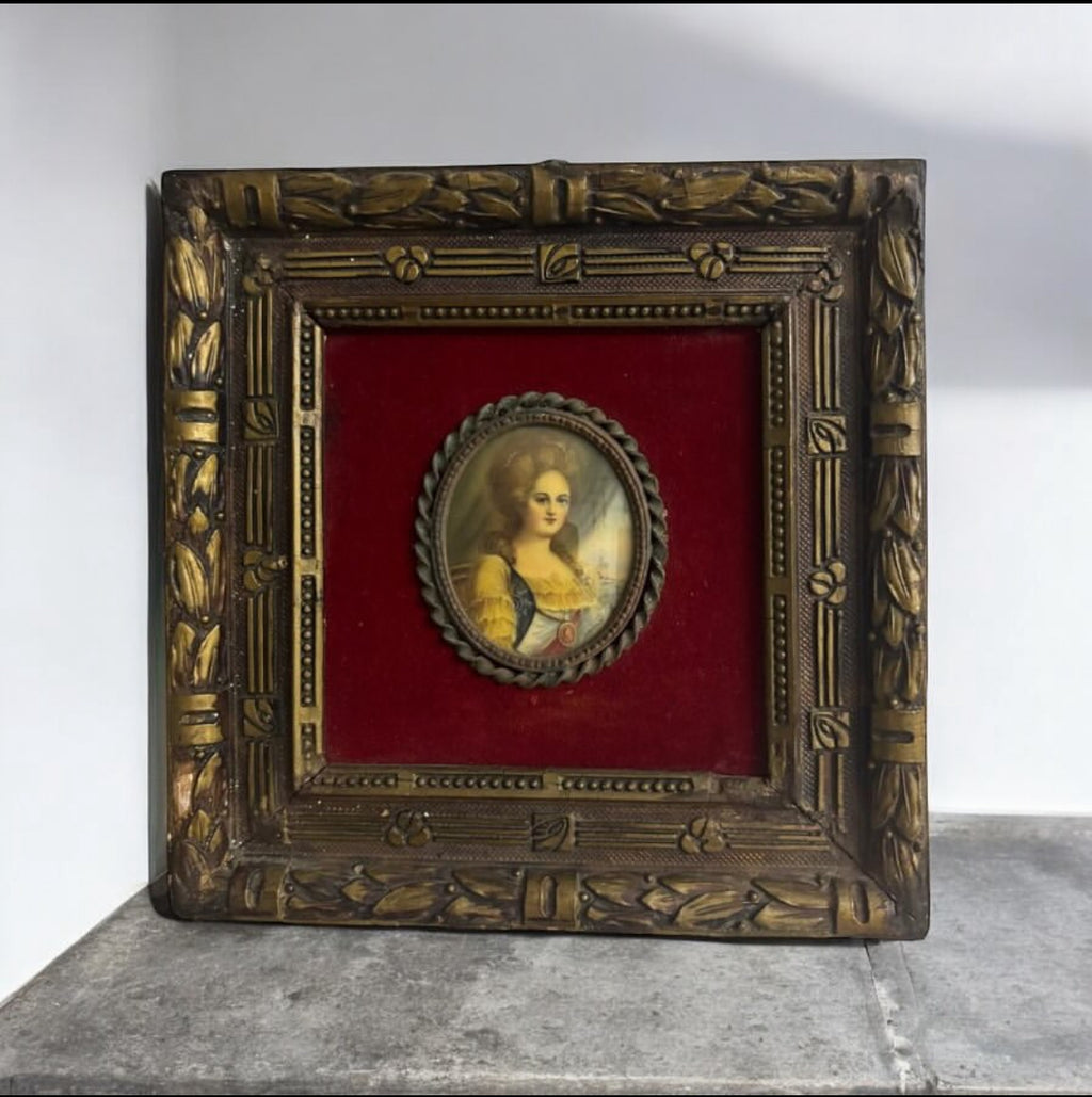 French Miniature Framed Tableau – Girl Motif – Silver-Inlaid Frame