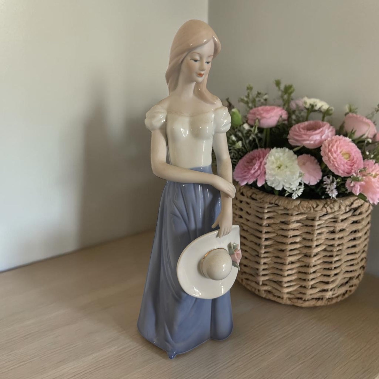 European Porcelain Figurine – Lady with Bonnet – Blue & White Dress