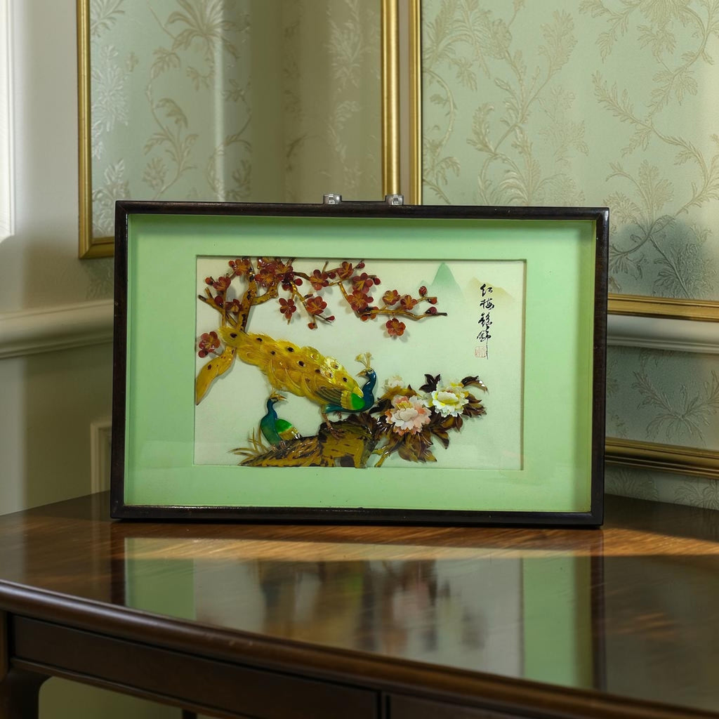 Wooden Frame with Raised Jade Floral & Bird Artwork