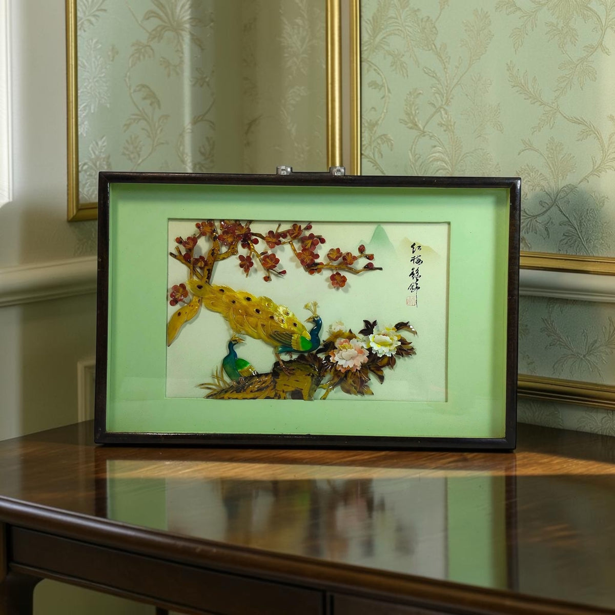 Wooden Frame with Raised Jade Floral & Bird Artwork