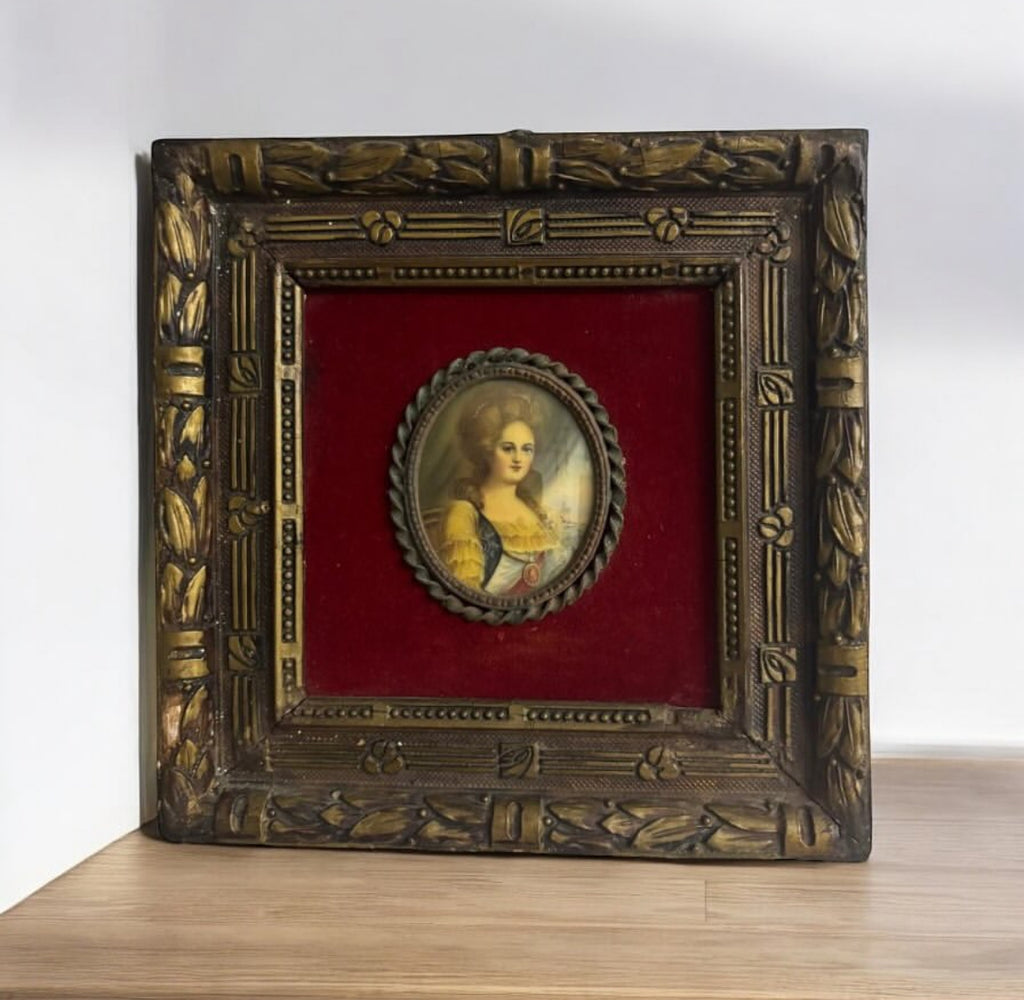 French Miniature Framed Tableau – Girl Motif – Silver-Inlaid Frame