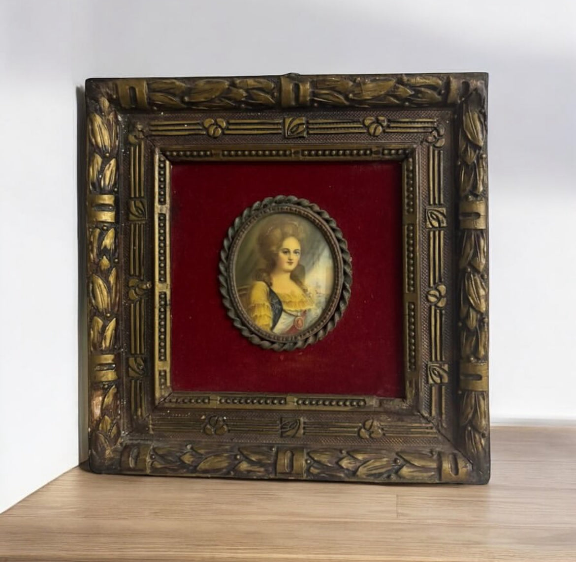 French Miniature Framed Tableau – Girl Motif – Silver-Inlaid Frame