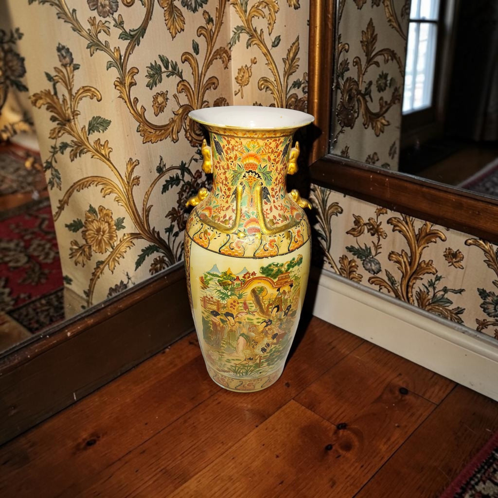 Large Chinoiserie Porcelain Vase – Raised Miniature Artwork – Hand Made with Gold Detailing
