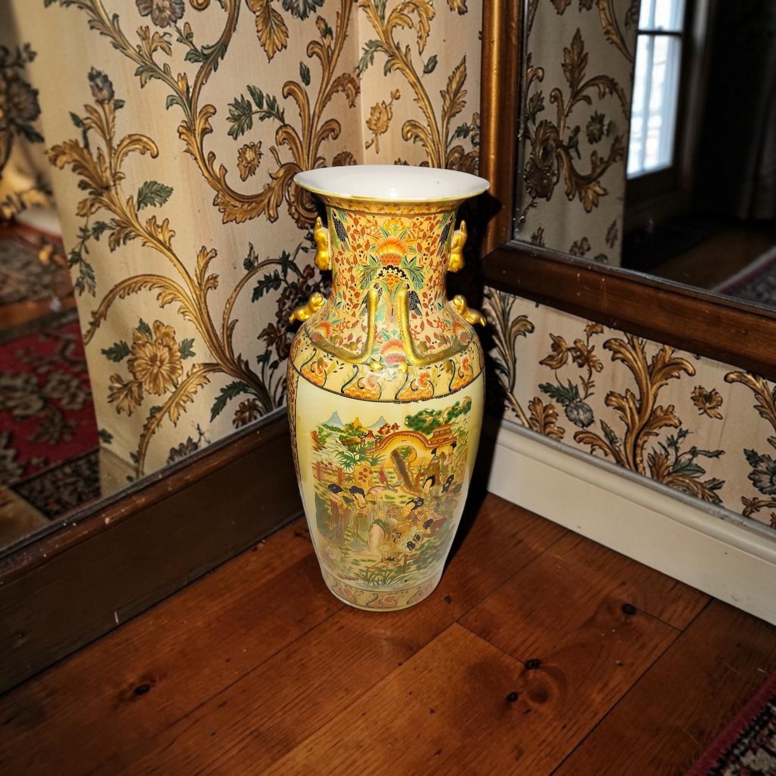 Large Chinoiserie Porcelain Vase – Raised Miniature Artwork – Hand Made with Gold Detailing