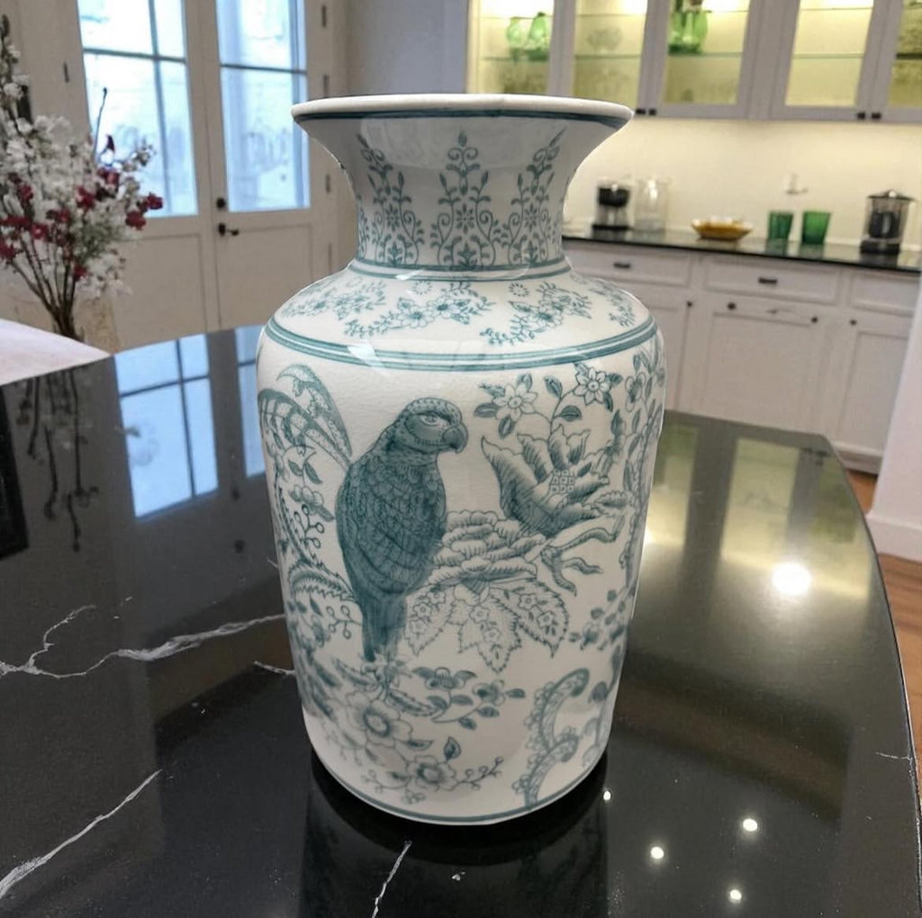 Hand-Painted Cylinder Vase with Birds