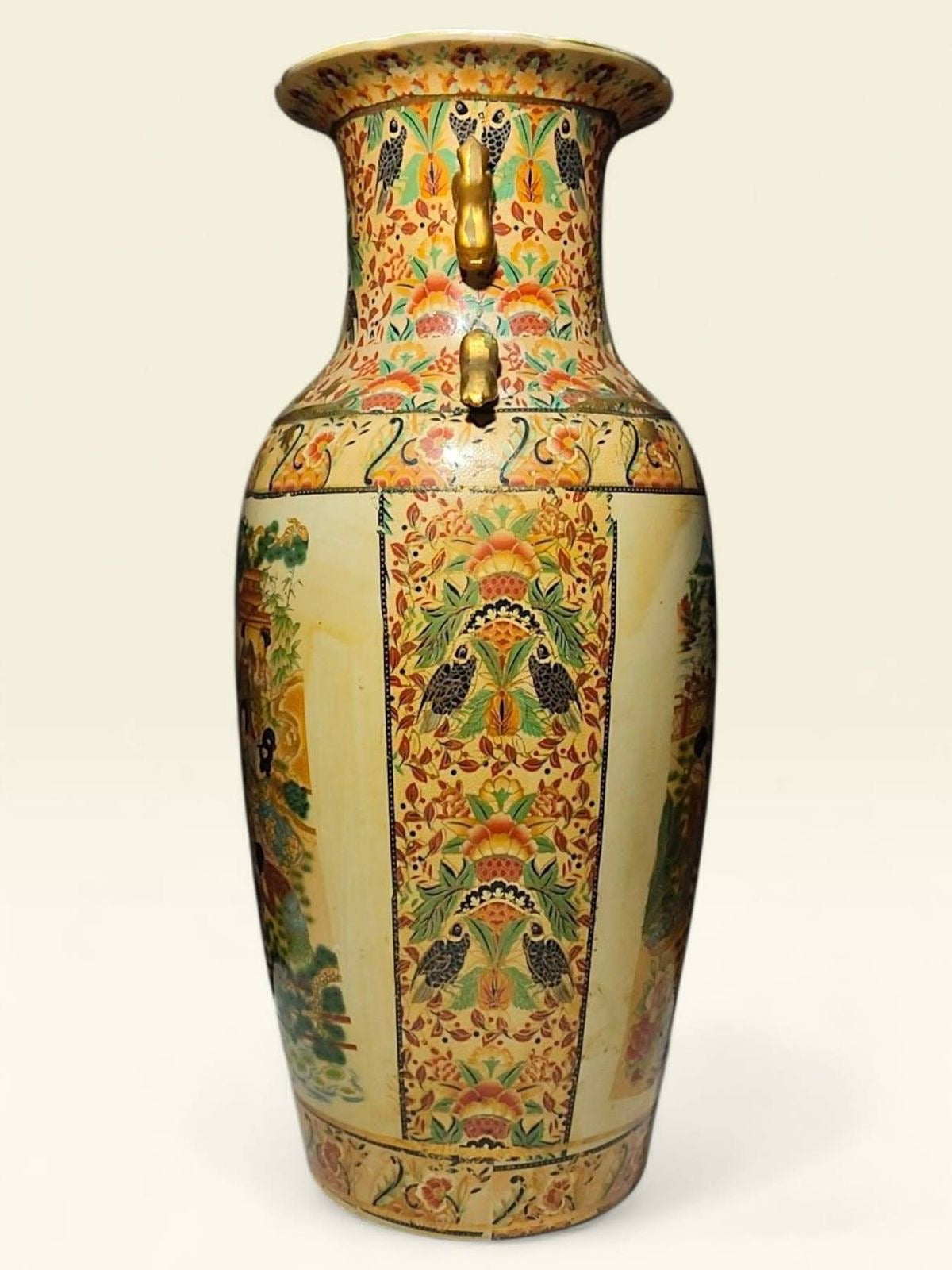 Large Chinoiserie Porcelain Vase – Raised Miniature Artwork – Hand Made with Gold Detailing