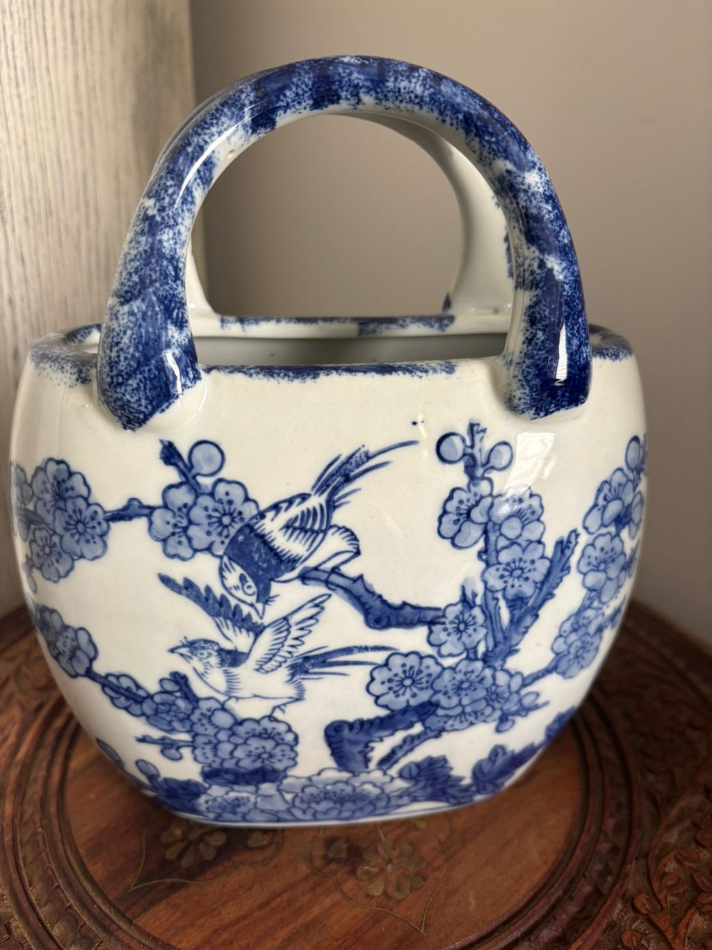 Bleu Blanc Porcelain Bag Vase – Hand-Painted Floral & Bird Design