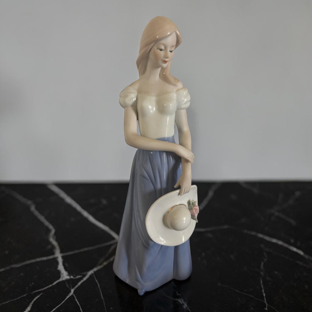 European Porcelain Figurine – Lady with Bonnet – Blue & White Dress